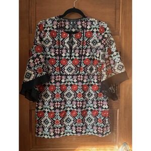 BCBGMAXAZRIA Tati Floral Embroidered Shift Dress Black Medium 3/4 Bell Sleeve